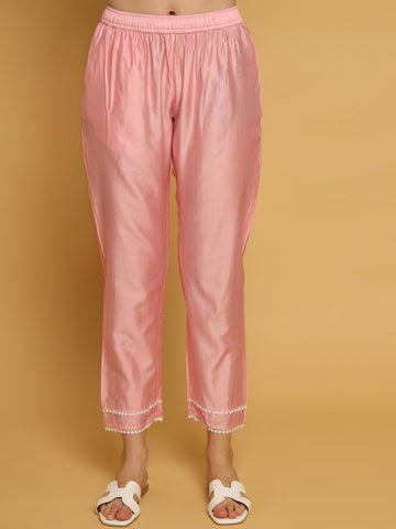Pink Woven Design Chanderi Silk Kurta With Trousers & Dupatta