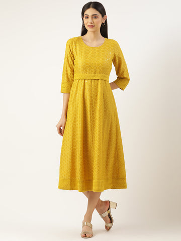 MUSTARD POLYESTER EMBROIDERED GOWN WITH BELT
