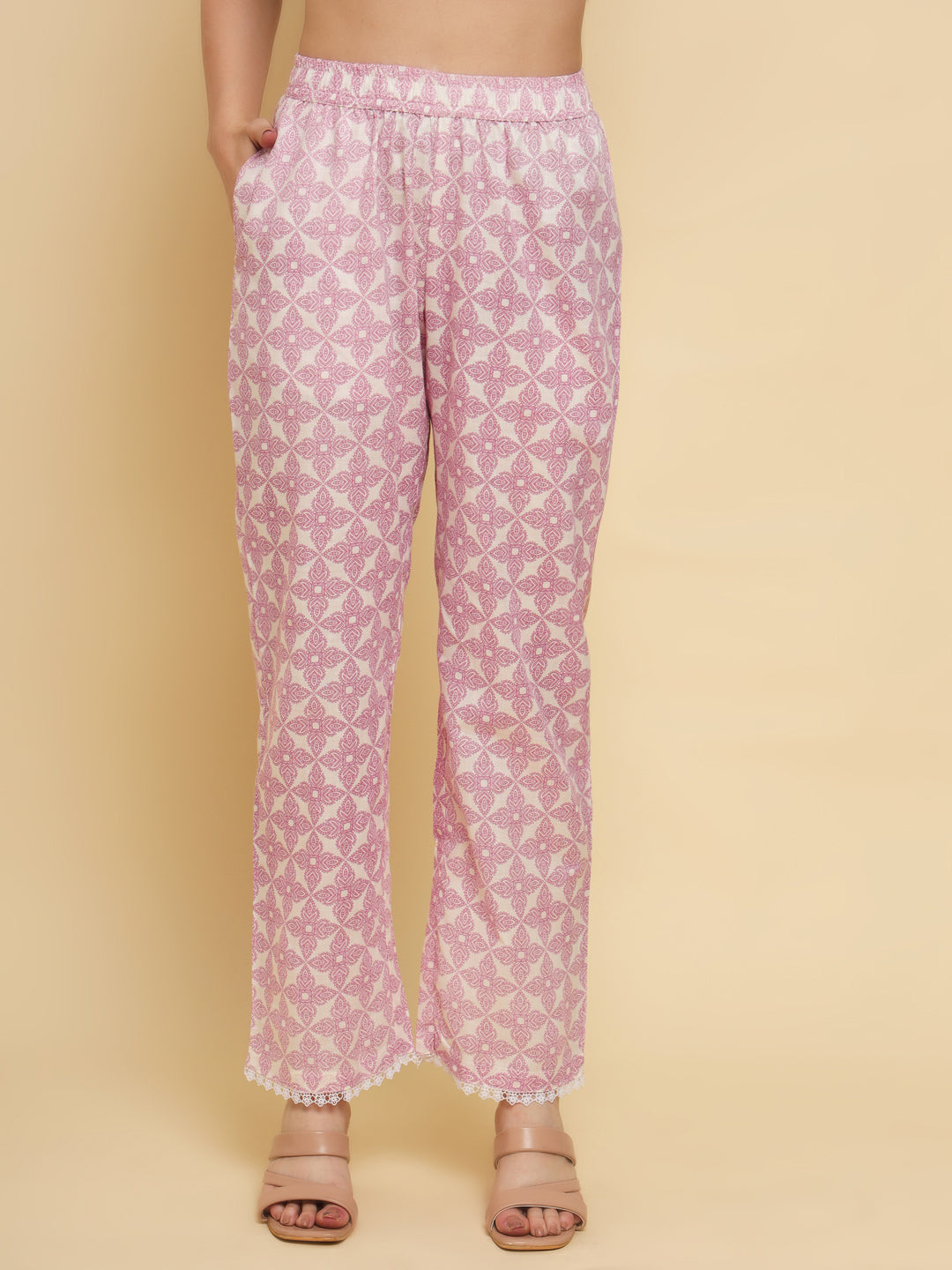 Pink & white printed Kurta with Trousers with dupatta