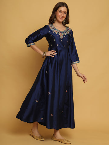 BLUE TAFETA SILK EMBROIDERED GOWN WITH DUPATTA