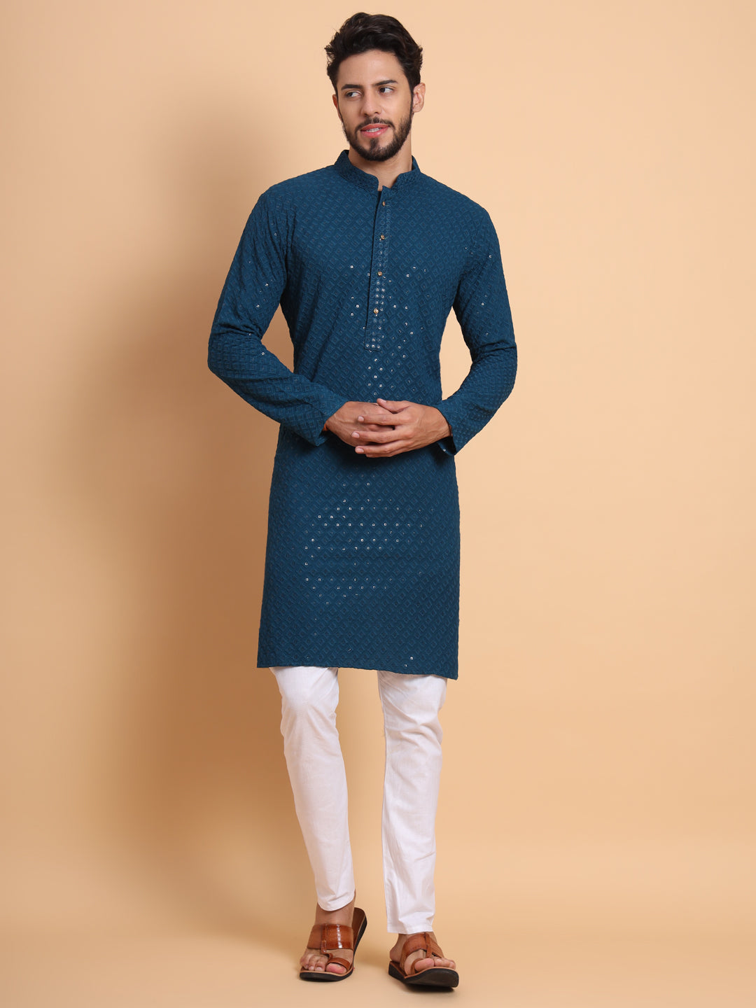 NEVY BLUE EMBROIDERED SEQUENCE WORK MEN\'S KURTA