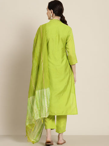 Women Green Sequinned Liva Kurta with Trousers & With Dupatta