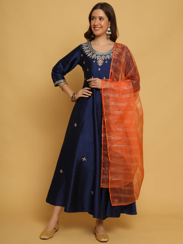 BLUE TAFETA SILK EMBROIDERED GOWN WITH DUPATTA