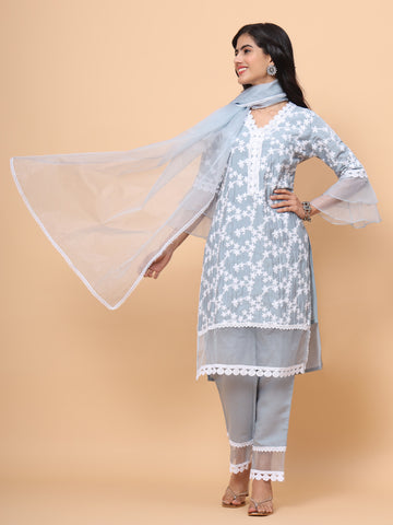 GREY FLORAL EMBOROIDERED KURTA WITH TROUSERS DUPATTA