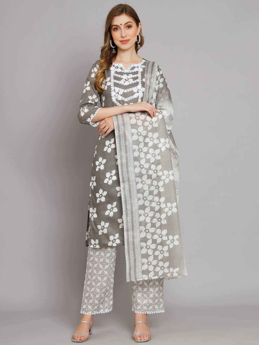 Grey printed Kurta with Trousers with dupatta