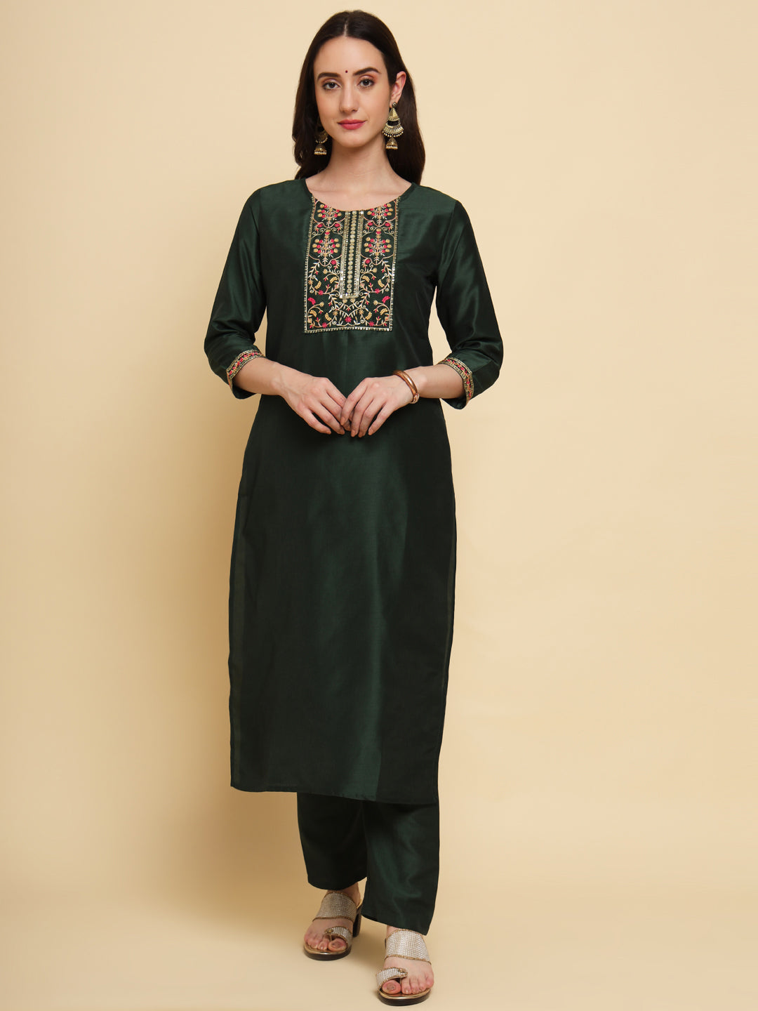 Green embroidered Kurta with Trousers with dupatta
