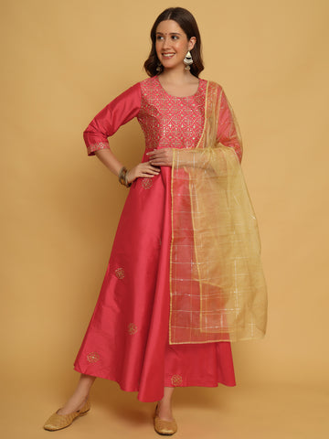 PEACH TAFETA SILK EMBROIDERED GOWN WITH DUAPTTA