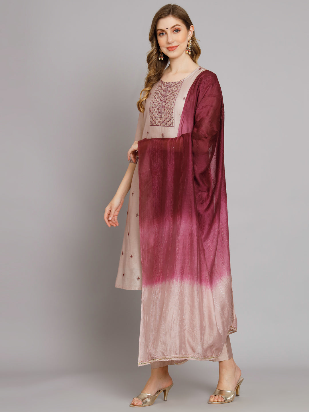 Mauve embroidered Kurta with Trousers with dupatta