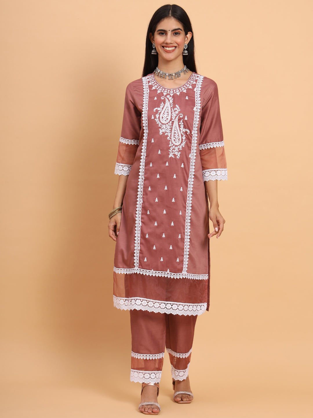 Ethnic Motifs Embroidered Chanderi Silk Kurta With Trousers & Dupatta