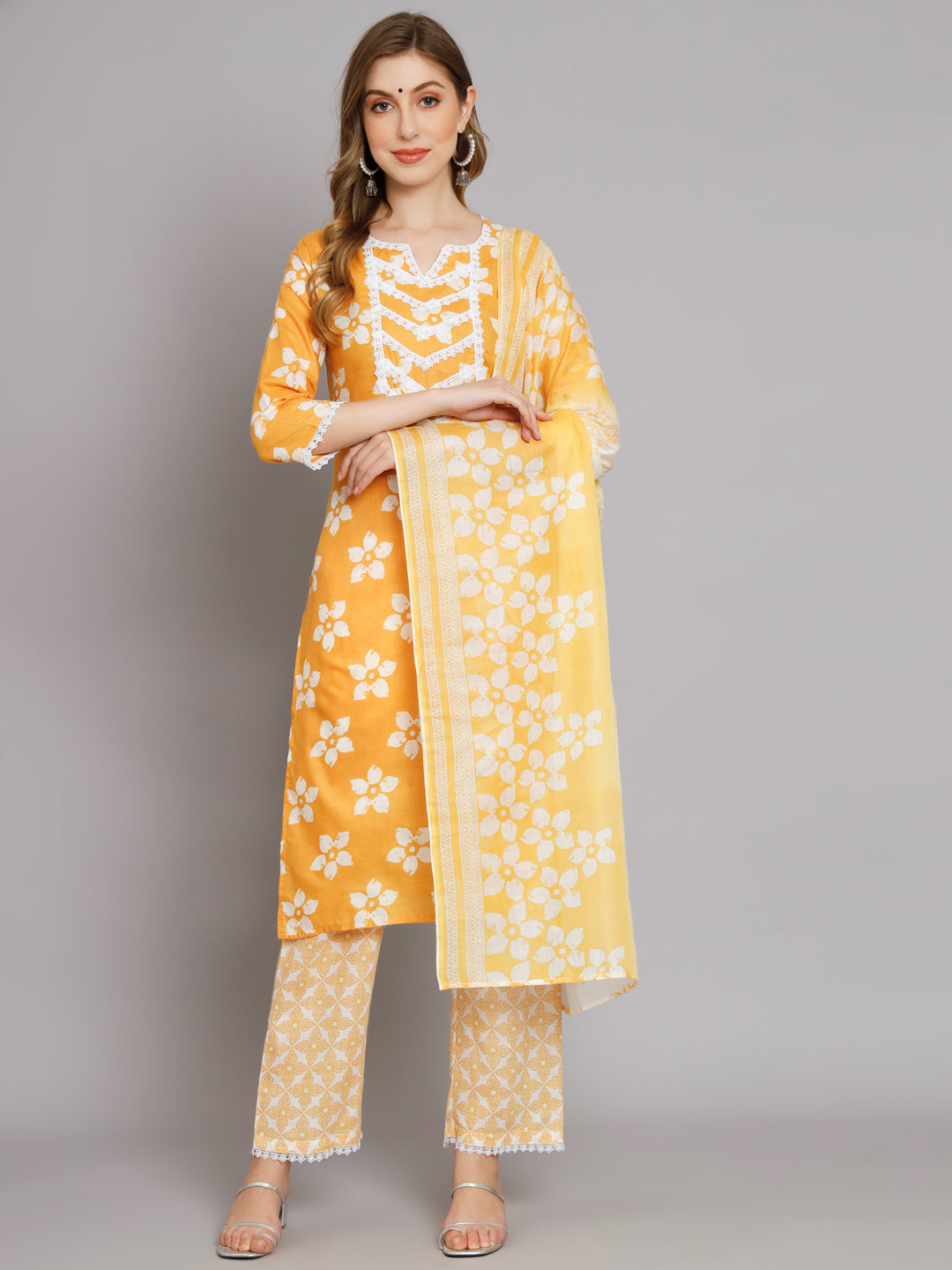 Yellow Cotton printed Kurta with Trousers with dupatta
