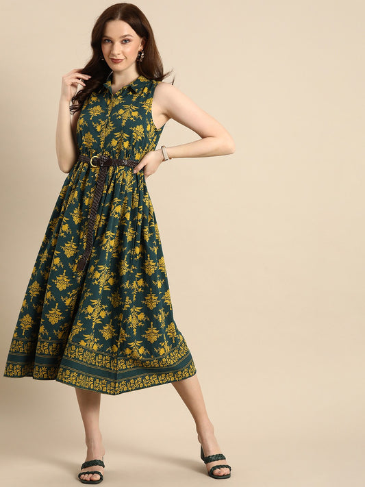 "SWAGG INDIA" Green & Yellow Floral Pure Cotton Sleevless Gathered Midi Dress